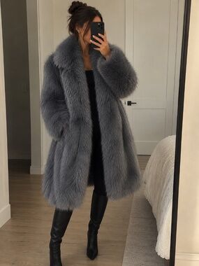 Genuine Fox Fur Coat - Silver Grey / Blue